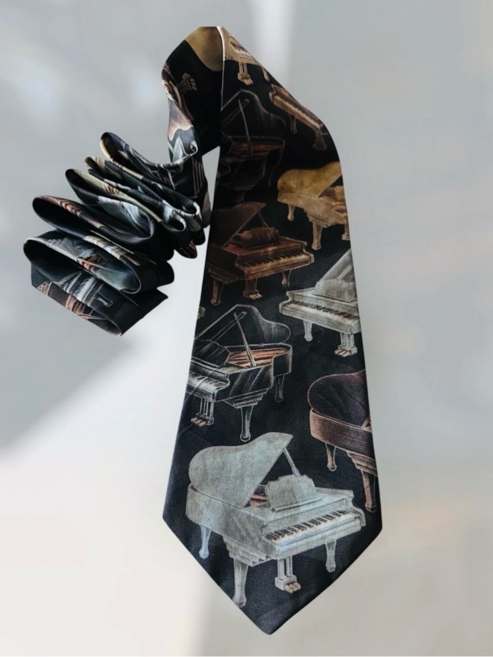 Vintage D'em Crazy Musician Piano Man Grand Pianos Tie  Black Gold Polyester